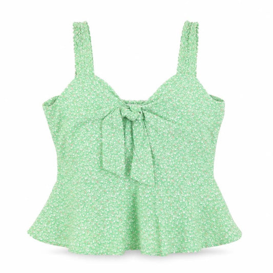 Front view of Vintage Dressing women’s green floral polycarbamide cropped blouse, size S, boat neck