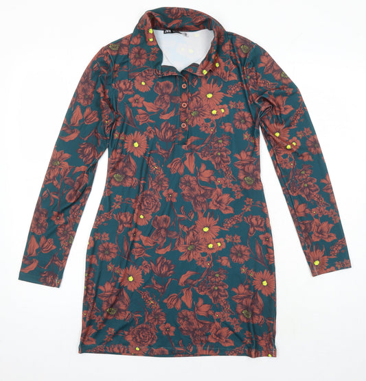 Zara Womens Multicoloured Geometric Polyester Tunic Blouse Size S Collared