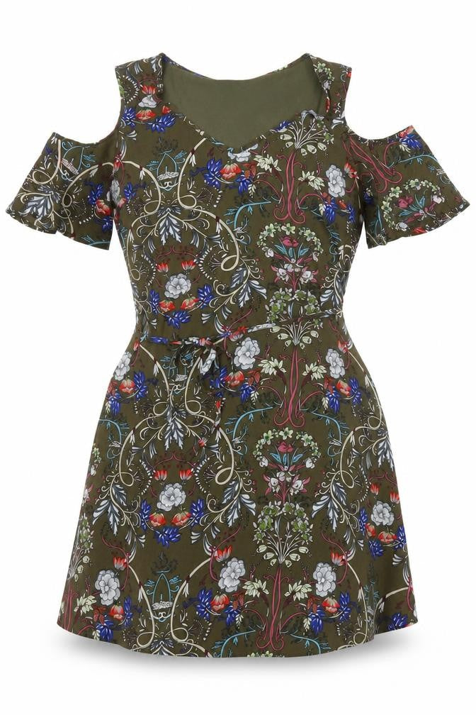 Select Womens Multicoloured Floral Polyester A-Line Size 12 Square Neck - Cold Shoulder