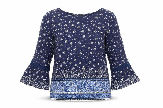 Marks & Spencer Womens Blue Geometric 100% Cotton Tunic Blouse Size 8 Boat Neck