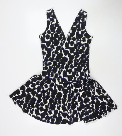 Next Womens Black Geometric Polyester Fit & Flare Size 8 V-Neck Zip