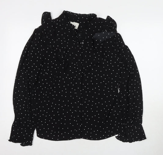 Joy Womens Black Polka Dot Polyester Basic Button-Up Size XS V-Neck