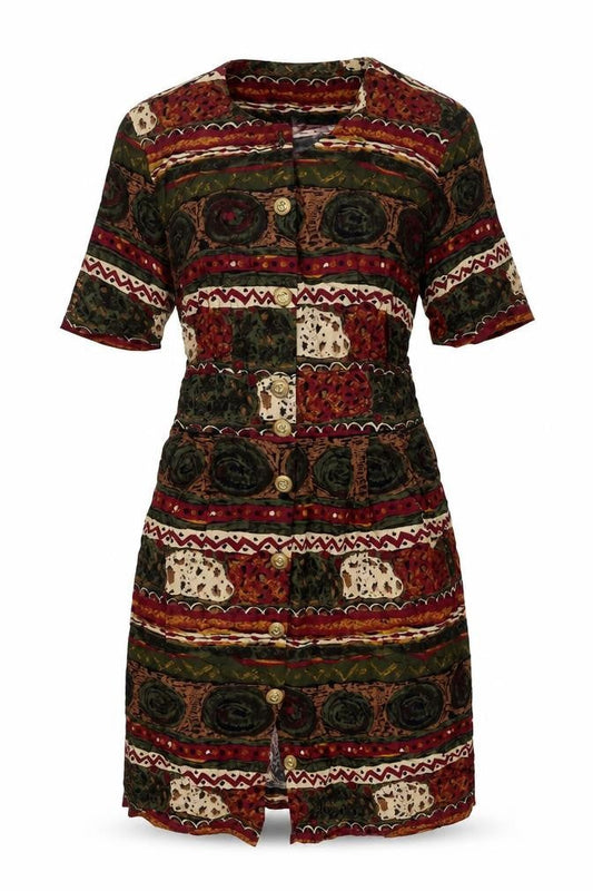 Nancy G Womens Multicoloured Geometric Viscose Shirt Dress Size 12 V-Neck Button