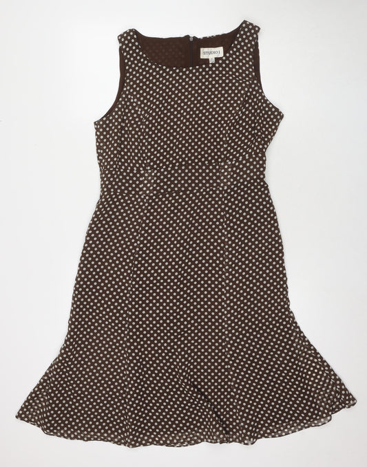 Studio I Womens Brown Polka Dot Polyester A-Line Size 12 Round Neck Zip
