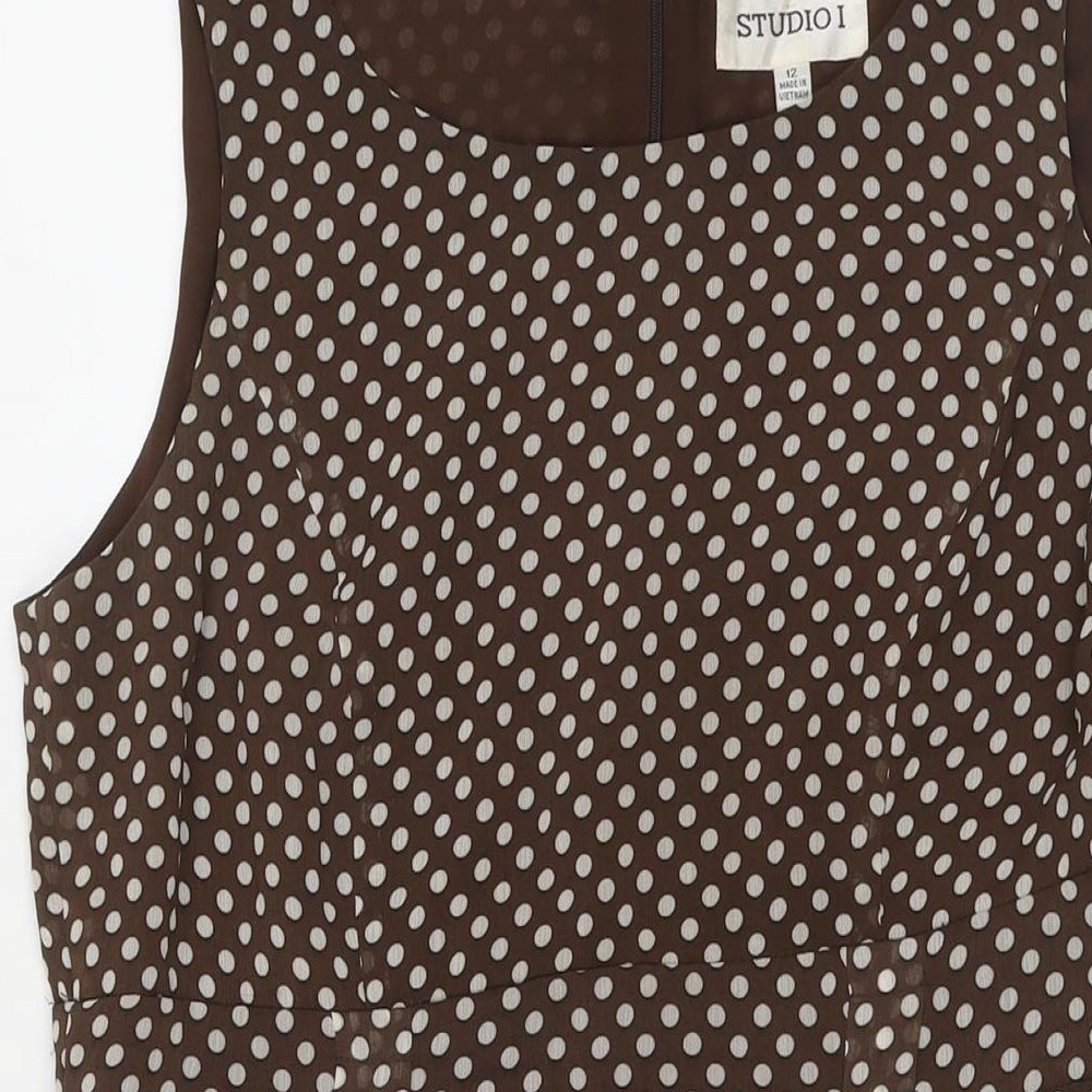 Studio I Womens Brown Polka Dot Polyester A-Line Size 12 Round Neck Zip