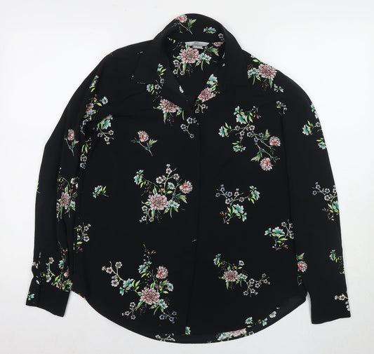 H&M Womens Black Floral Polyester Basic Button-Up Size 8 Collared