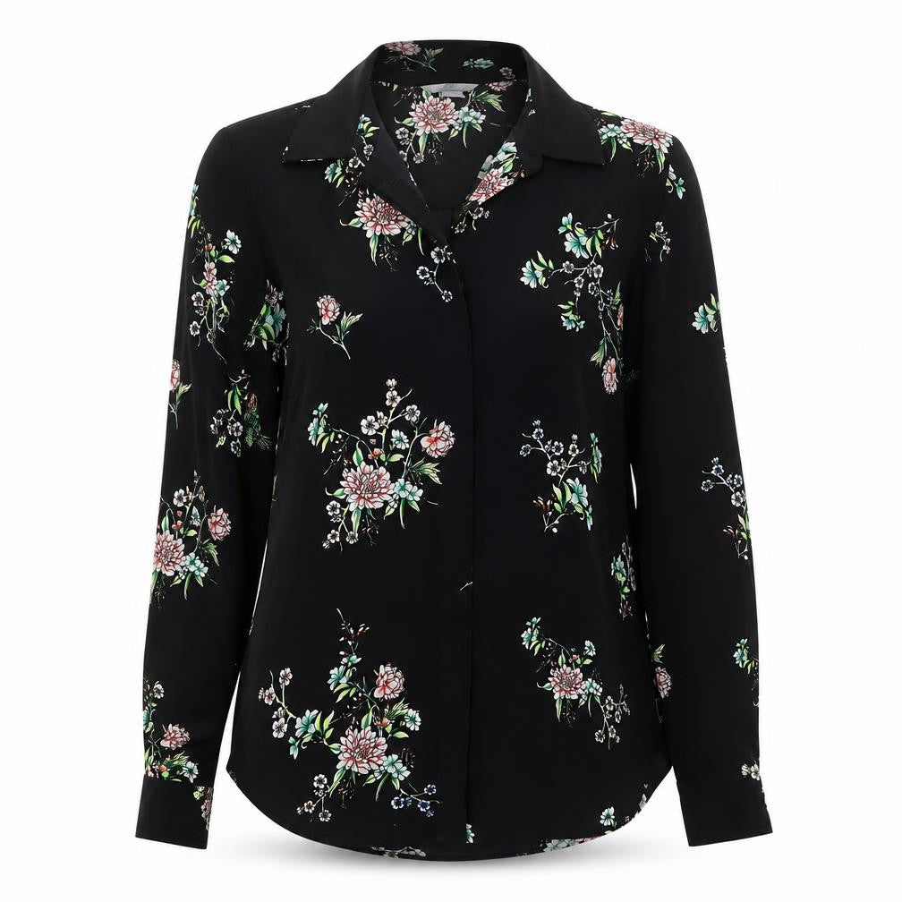H&M Womens Black Floral Polyester Basic Button-Up Size 8 Collared