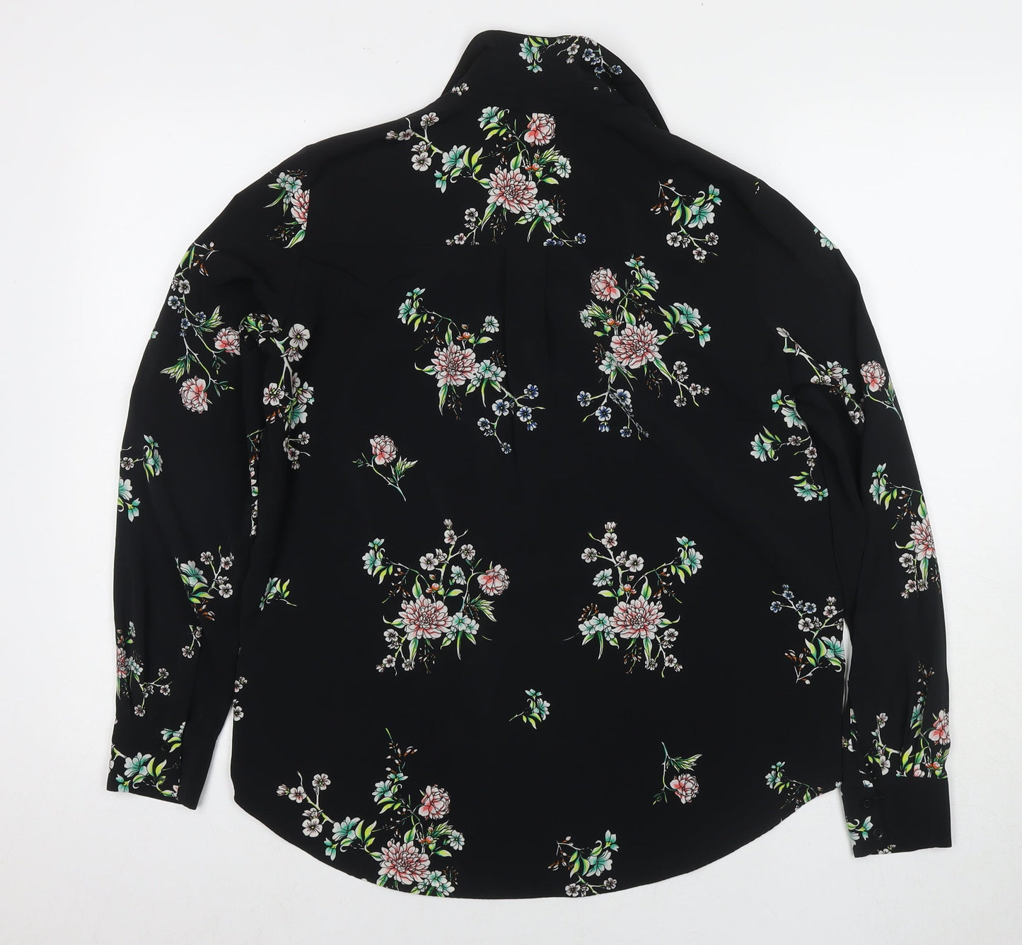 H&M Womens Black Floral Polyester Basic Button-Up Size 8 Collared