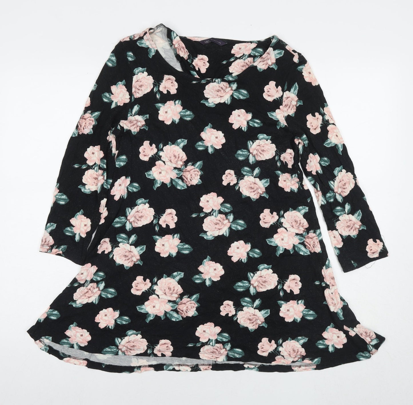 Marks and Spencer Womens Black Floral Viscose Fit & Flare Size 14 Round Neck Pullover