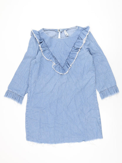 Zara Womens Blue Cotton Shift Size M Round Neck Button