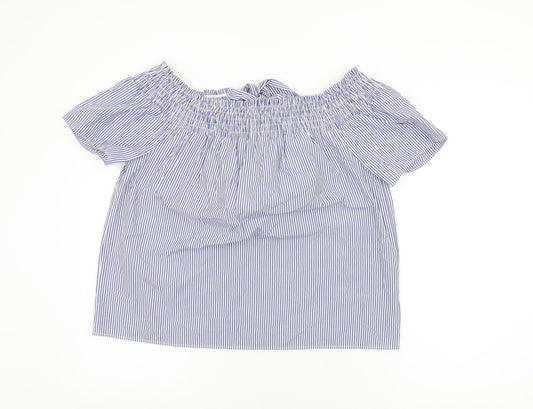Dorothy Perkins Womens Blue Striped Polyester Basic T-Shirt Size 14 Off the Shoulder
