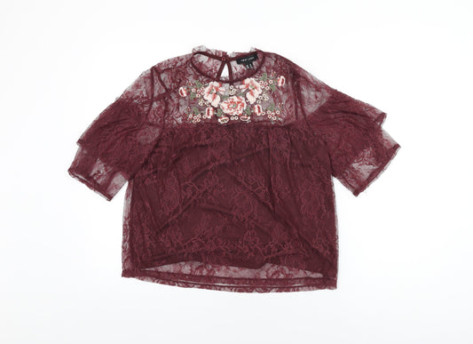 New Look Womens Red Floral Nylon Basic T-Shirt Size 16 Round Neck