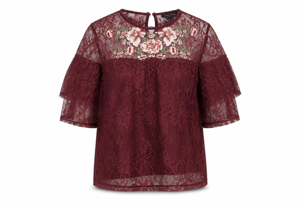 New Look Womens Red Floral Nylon Basic T-Shirt Size 16 Round Neck