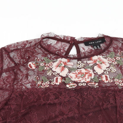 New Look Womens Red Floral Nylon Basic T-Shirt Size 16 Round Neck