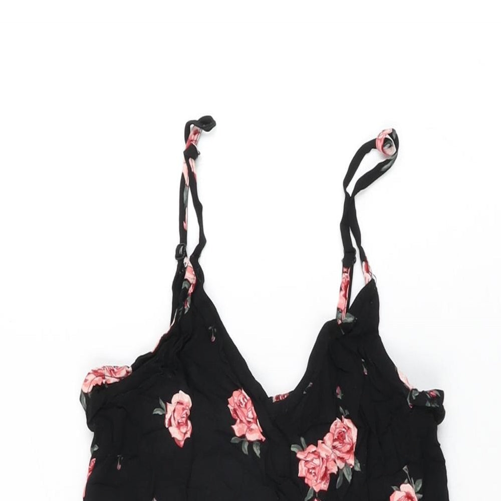H&M Womens Black Floral Viscose Mini Size 10 V-Neck Pullover