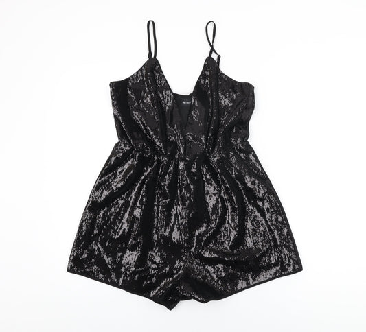 PRETTYLITTLETHING Womens Black Polyester Playsuit One-Piece Size 14 L3 in Pullover
