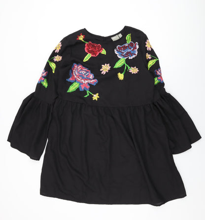 Additional front view of ASOS women’s black floral polyester shift, size UK 10, round neck button