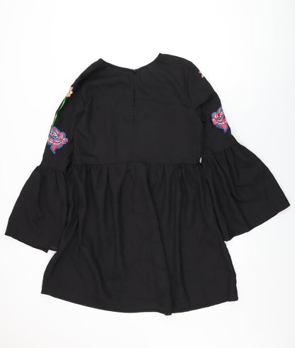 Back view of ASOS women’s black floral polyester shift, size UK 10, round neck button