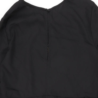 Brand and care label for ASOS women’s black floral polyester shift, size UK 10, round neck button