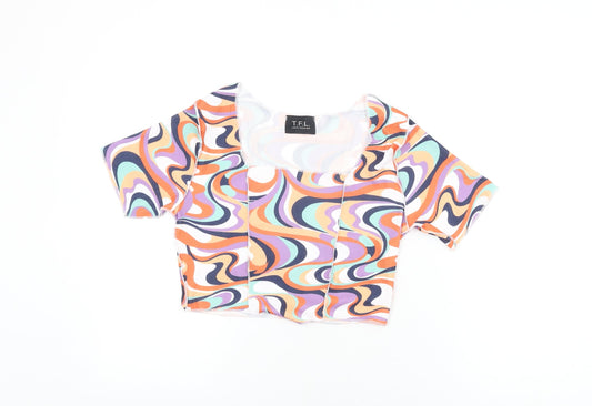 TFL Womens Multicoloured Geometric Polyester Cropped T-Shirt Size 12 Square Neck