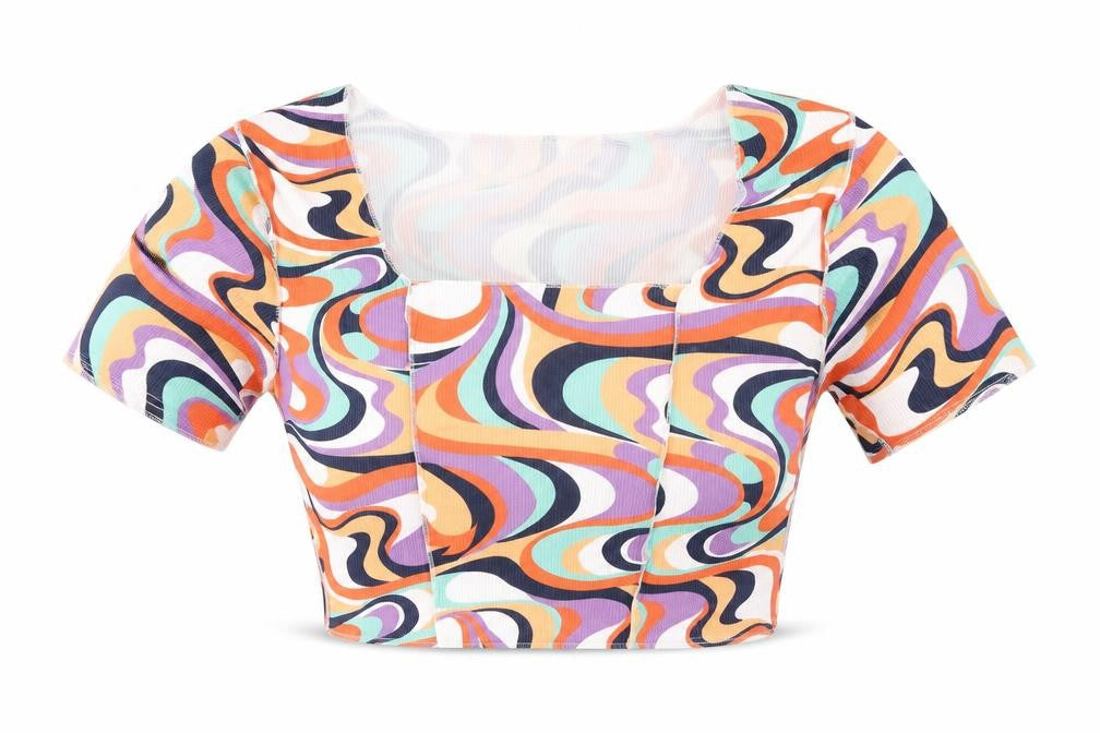 TFL Womens Multicoloured Geometric Polyester Cropped T-Shirt Size 12 Square Neck