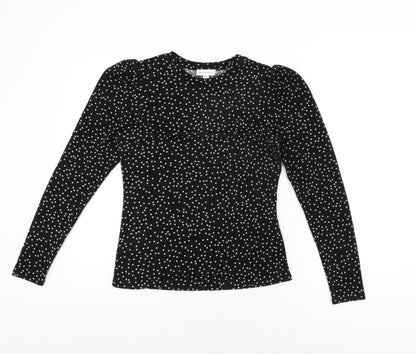Warehouse Womens Black Polka Dot Polyester Basic T-Shirt Size 10 Round Neck