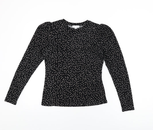 Warehouse Womens Black Polka Dot Polyester Basic T-Shirt Size 10 Round Neck