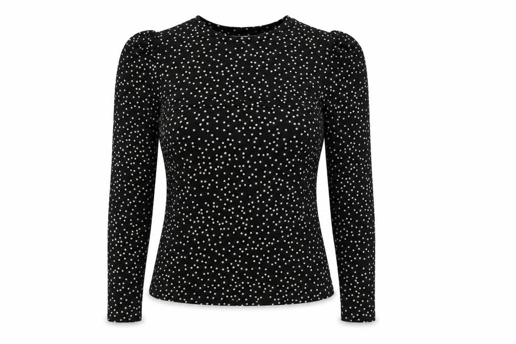 Warehouse Womens Black Polka Dot Polyester Basic T-Shirt Size 10 Round Neck