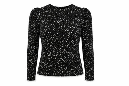 Warehouse Womens Black Polka Dot Polyester Basic T-Shirt Size 10 Round Neck