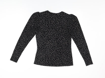 Warehouse Womens Black Polka Dot Polyester Basic T-Shirt Size 10 Round Neck