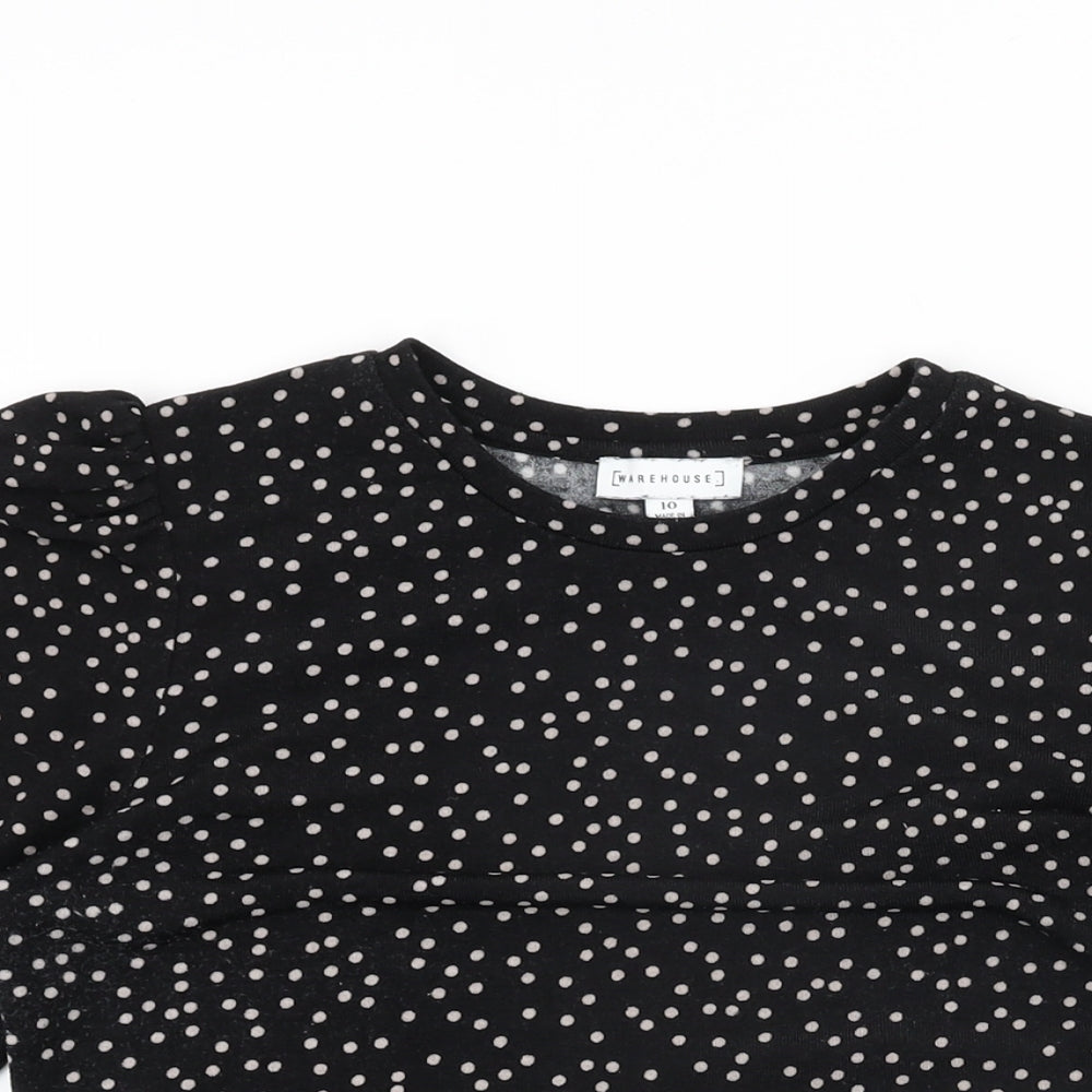 Warehouse Womens Black Polka Dot Polyester Basic T-Shirt Size 10 Round Neck