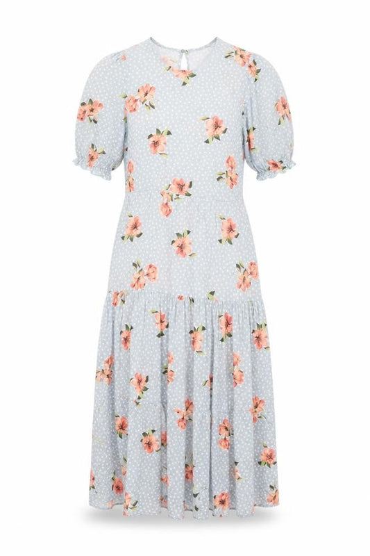 New Look Womens Blue Floral Viscose A-Line Size 8 Round Neck Button