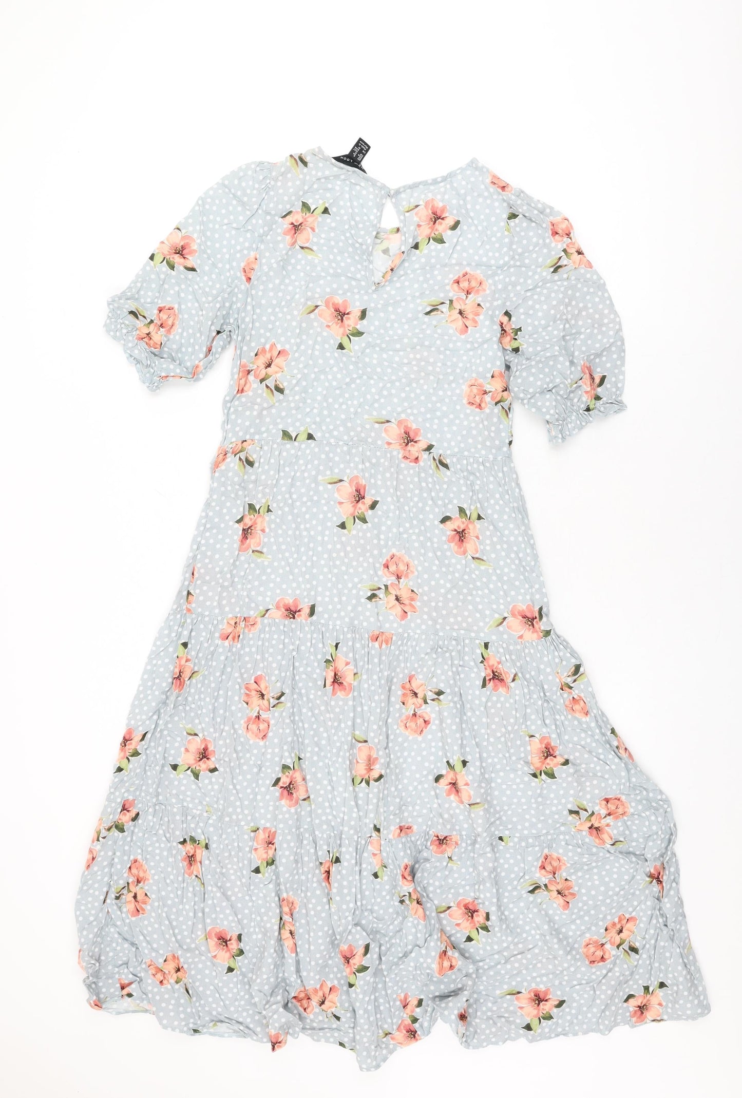 New Look Womens Blue Floral Viscose A-Line Size 8 Round Neck Button
