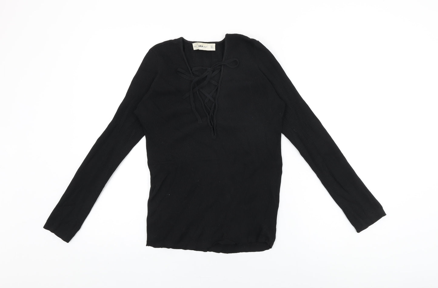 Zara Womens Black Polyester Basic T-Shirt Size L V-Neck