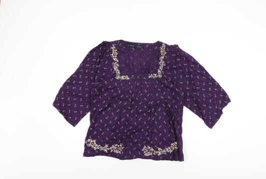 French Connection Womens Purple Floral Cotton Basic T-Shirt Size 12 Square Neck