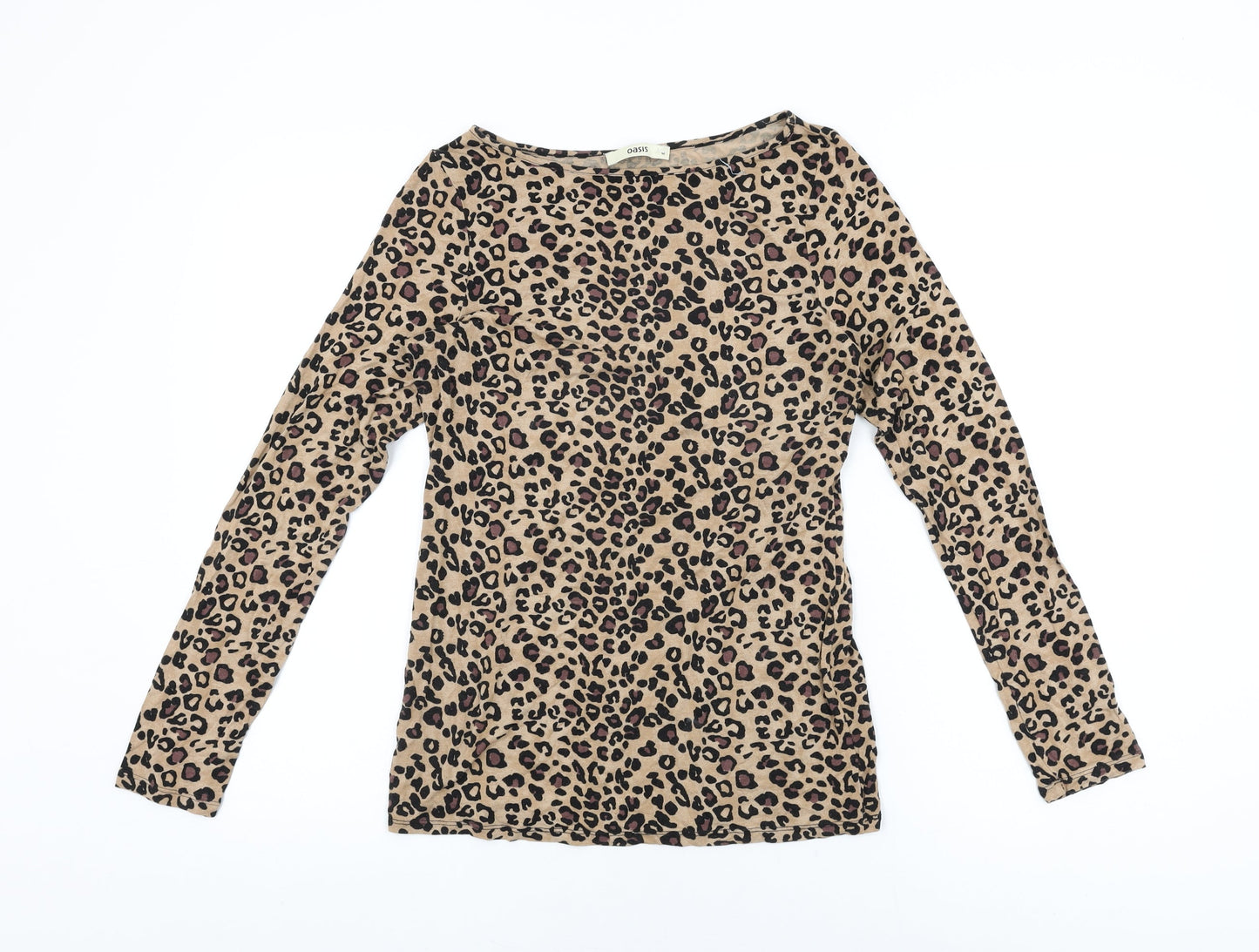 Oasis Womens Beige Animal Print Viscose Basic T-Shirt Size M Round Neck