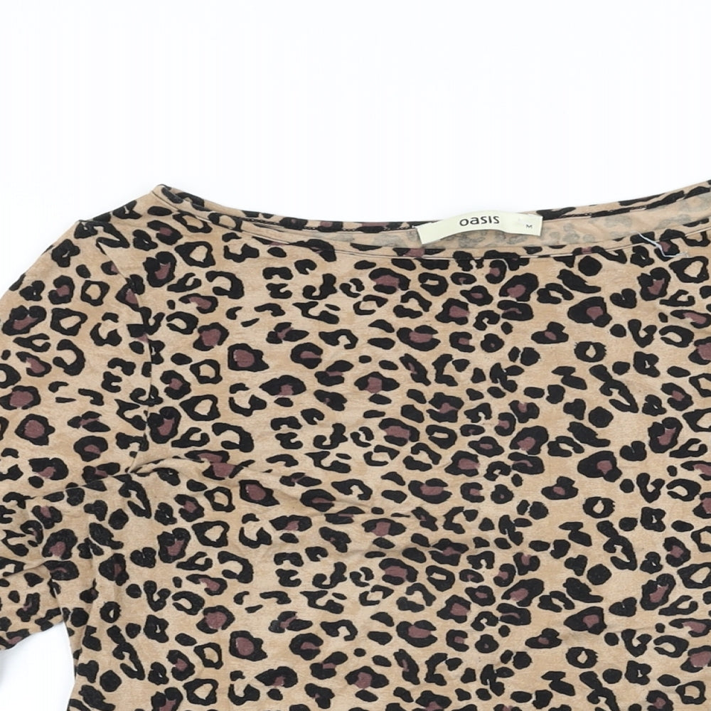 Oasis Womens Beige Animal Print Viscose Basic T-Shirt Size M Round Neck