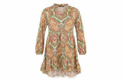 Front view of Only women’s multicoloured geometric viscose shift, size UK 6, v-neck pullover