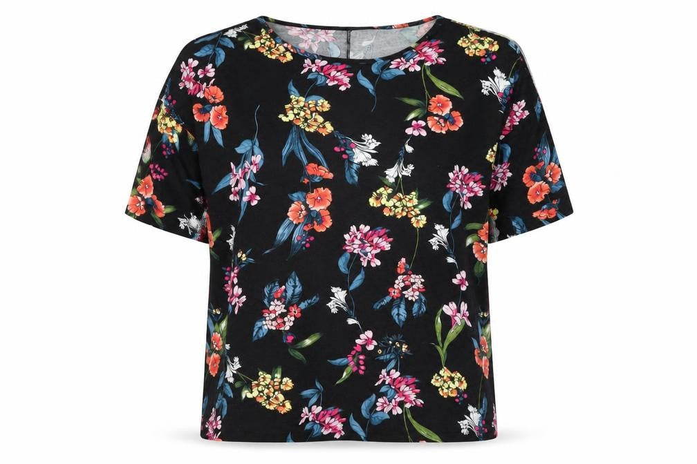 Capsule Womens Black Floral Viscose Basic T-Shirt Size 18 Round Neck