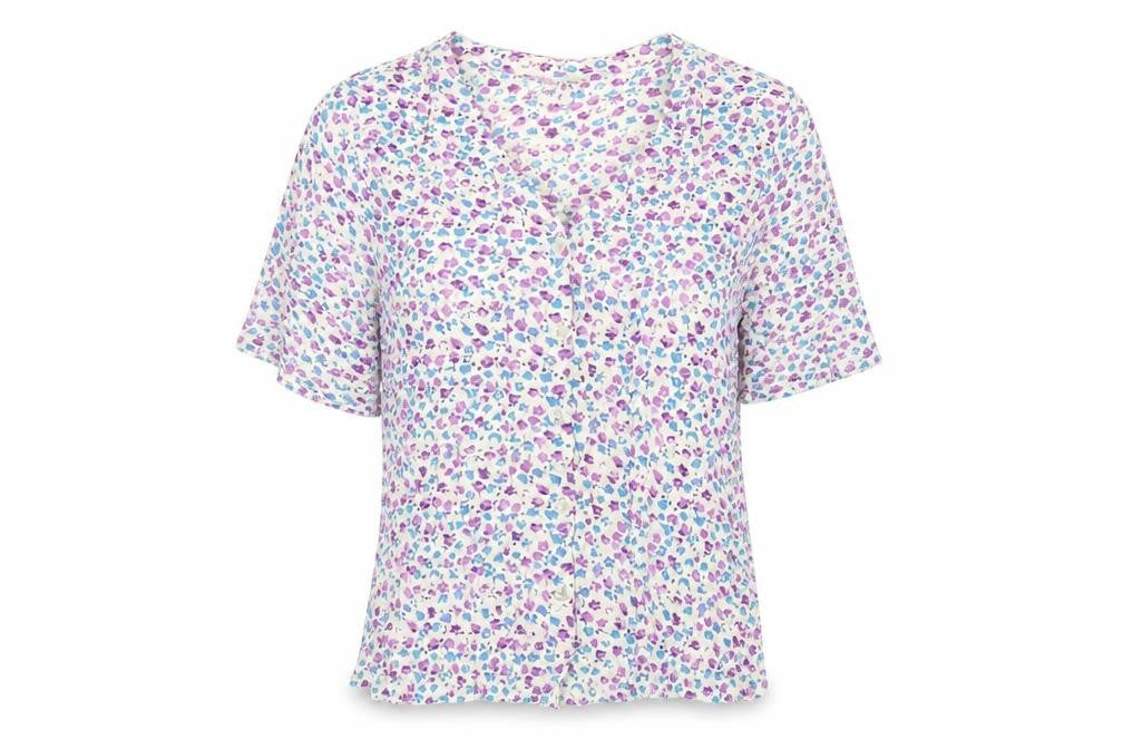 Adini Womens White Floral Viscose Basic Button-Up Size L V-Neck
