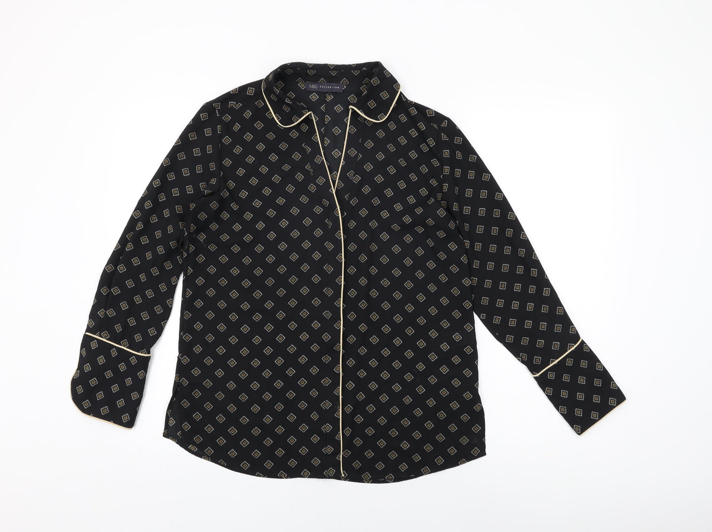 Marks and Spencer Womens Black Geometric Polyester Basic Button-Up Size 10 Collared