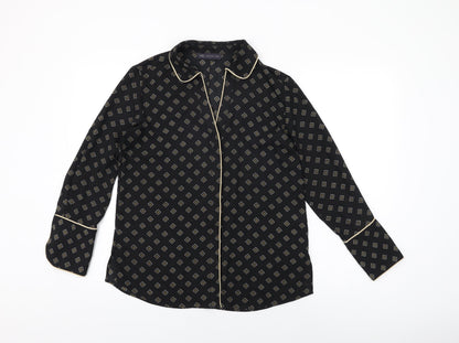 Marks & Spencer Womens Black Geometric Polyester Basic Button-Up Size 10 Collared