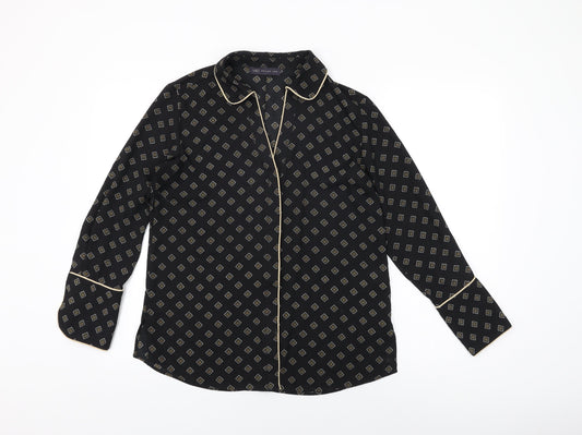Marks and Spencer Womens Black Geometric Polyester Basic Button-Up Size 10 Collared