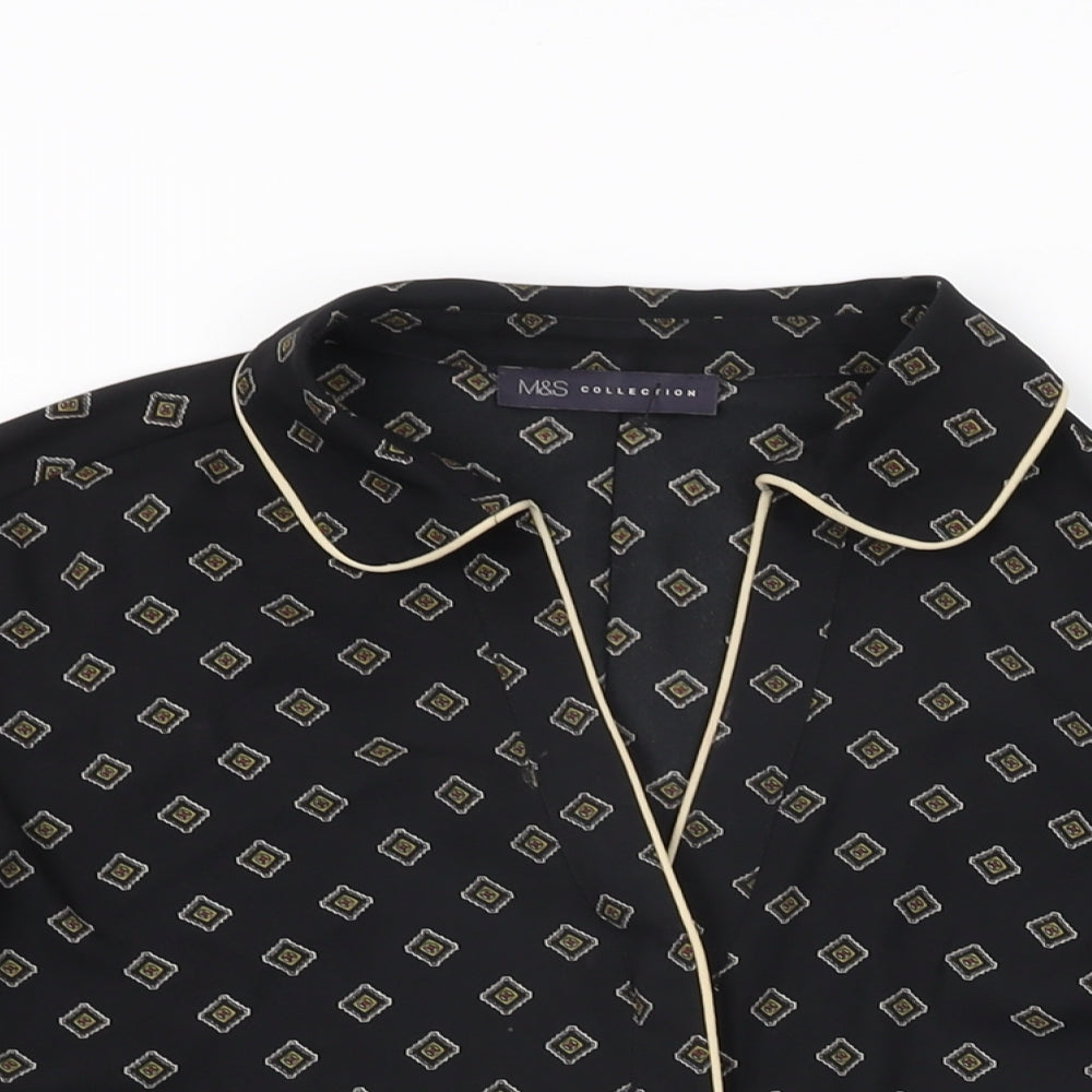 Marks and Spencer Womens Black Geometric Polyester Basic Button-Up Size 10 Collared