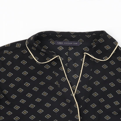 Marks & Spencer Womens Black Geometric Polyester Basic Button-Up Size 10 Collared