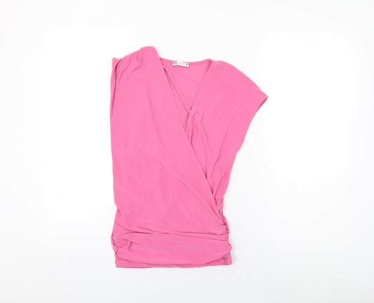 Zara Womens Pink Polyester Wrap T-Shirt Size S V-Neck