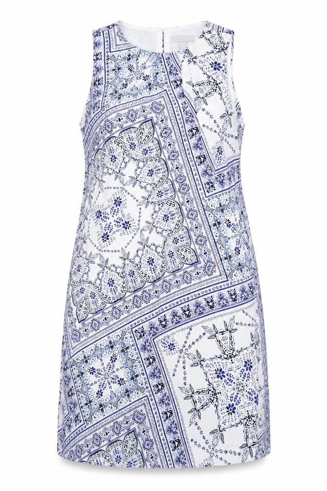 H&M Womens Blue Geometric Polyester A-Line Size 12 Round Neck Button