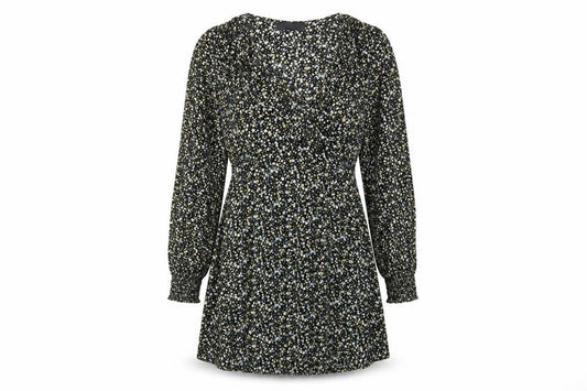 Front view of Missguided women’s black floral viscose a-line, size UK 8, v-neck zip