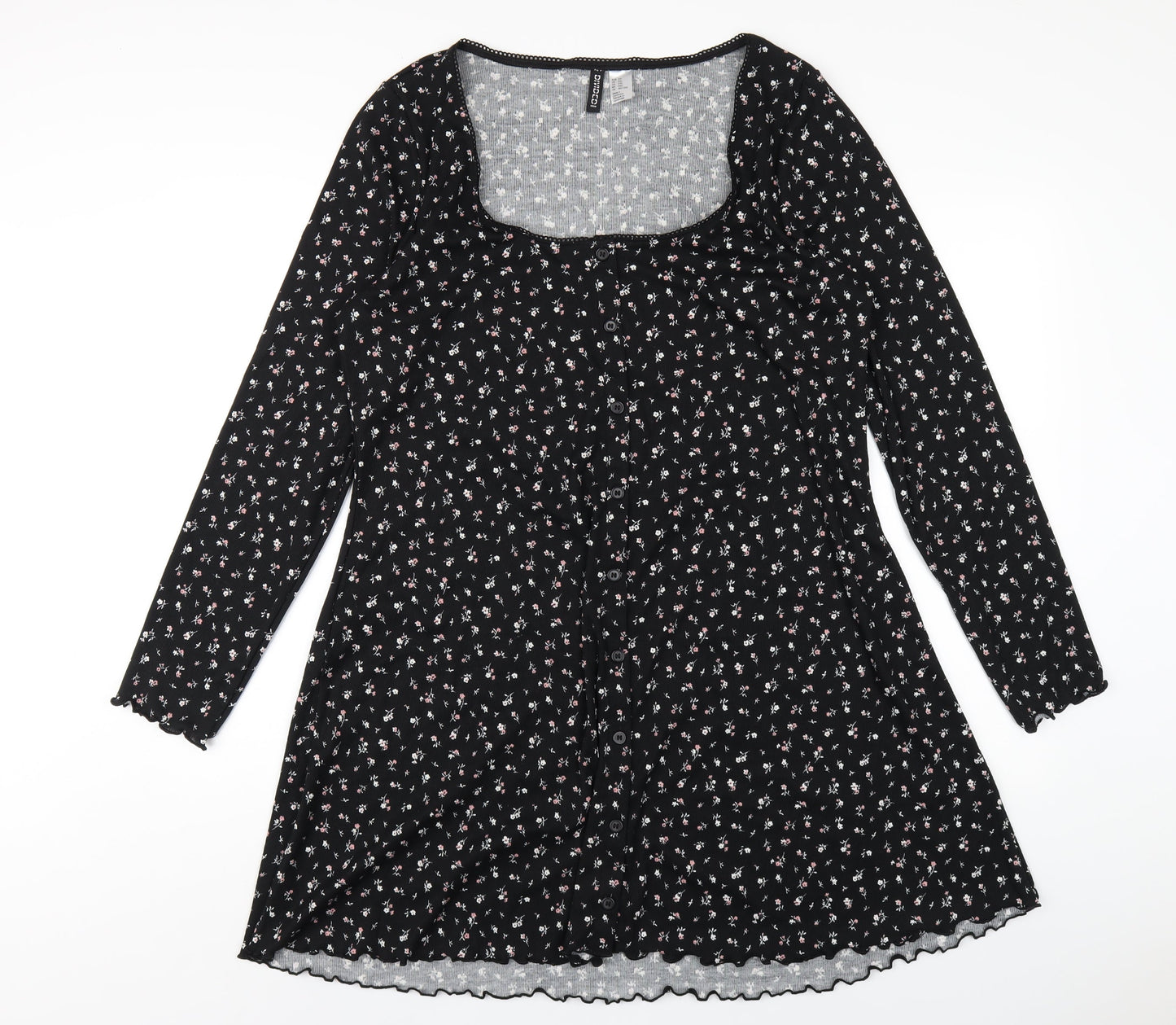 H&M Womens Black Floral Polyester A-Line Size 2XL Square Neck Pullover