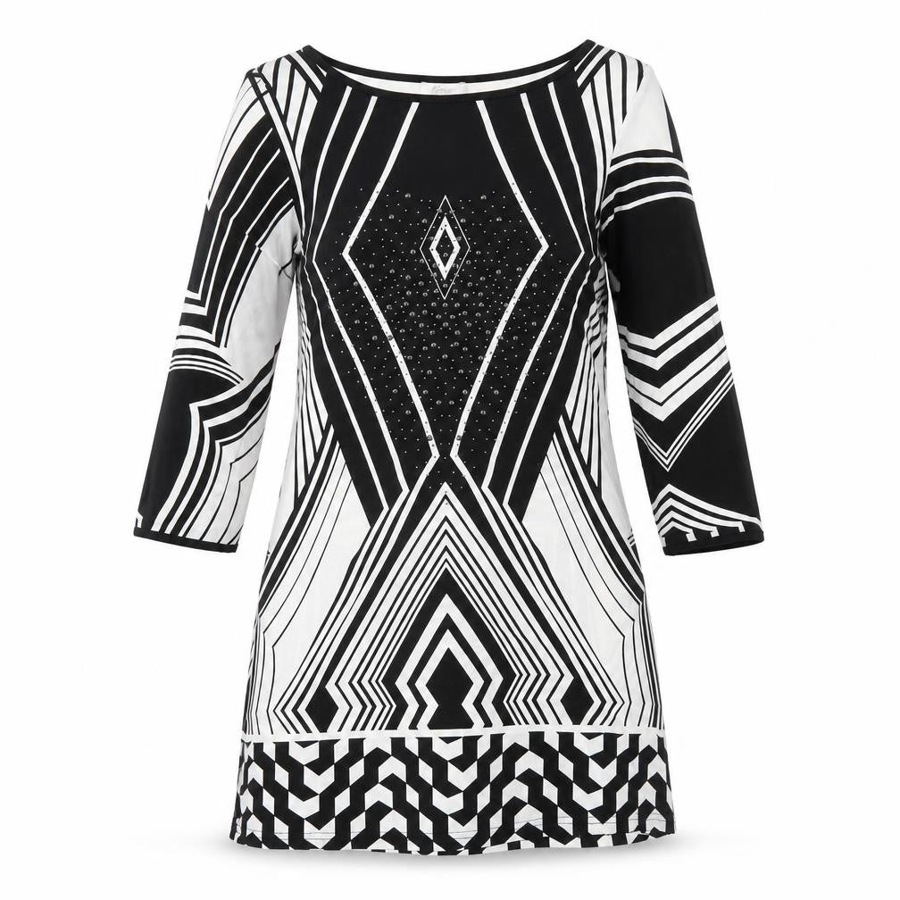 Klass Womens Black Geometric Polyester A-Line Size S Round Neck Pullover